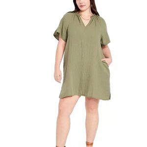 NWT Old Navy Plus Size Crinkle Gauze Cotton Mini Dress 3X Green Casual Preppy